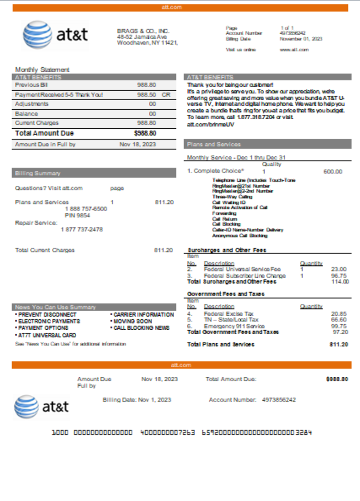 Download Texas AT&T telecommunications business utility, bill,  SCR Photoshop template